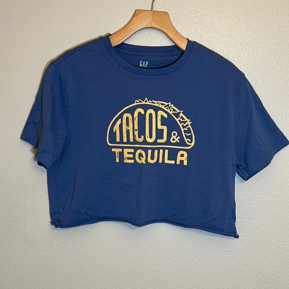 GAP Tacos & Tequila Blue Cropped Short Sleeve Shirt